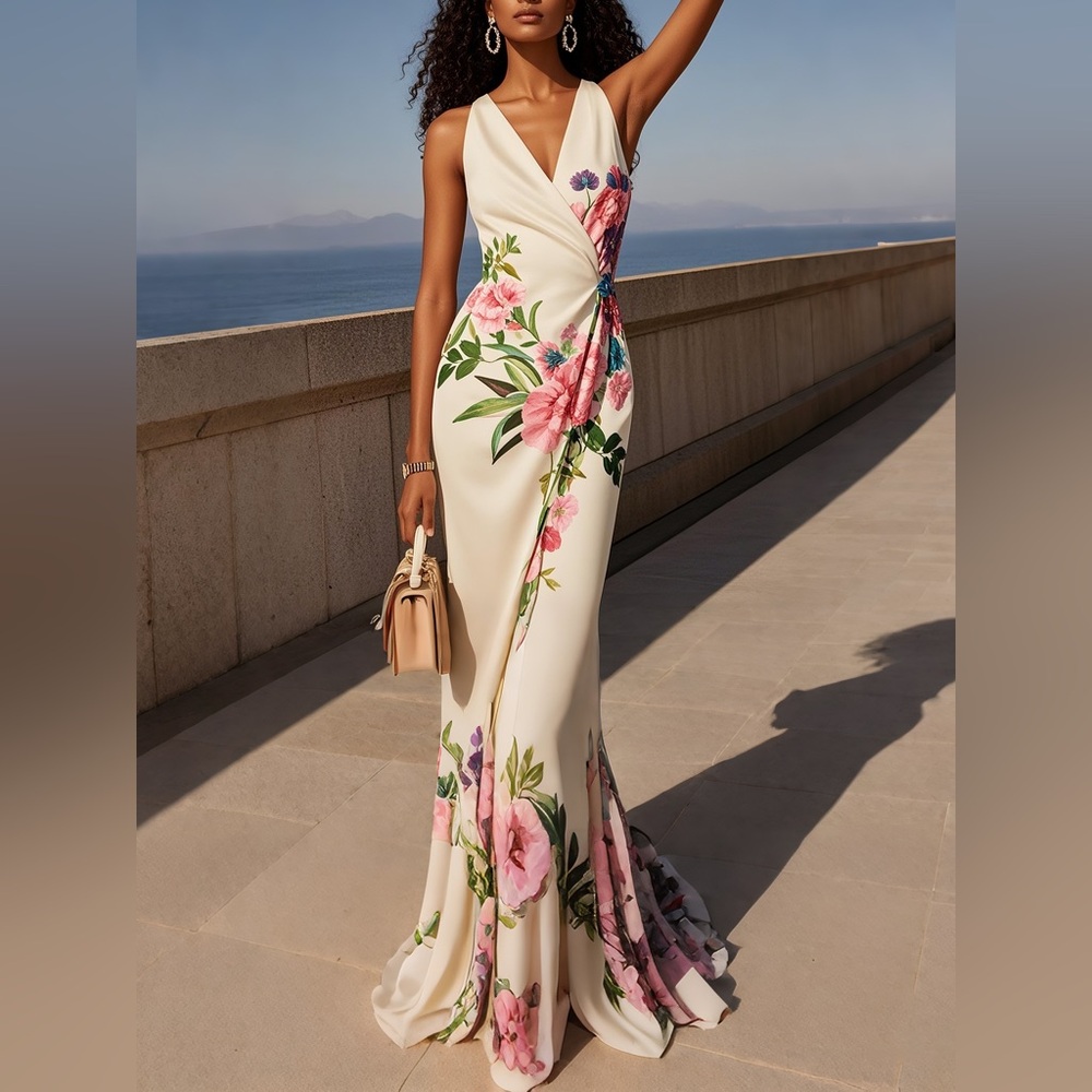 Elegant Floral Maxi Dress in Cream